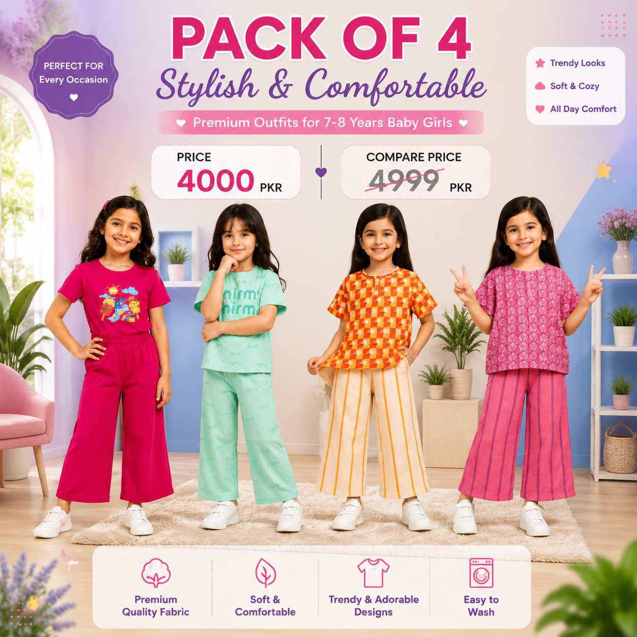 Premium Girls Summer Outfit Collection – Pack of 4 | Stylish & Comfortable Clothing Set (7–8 Years) (24)