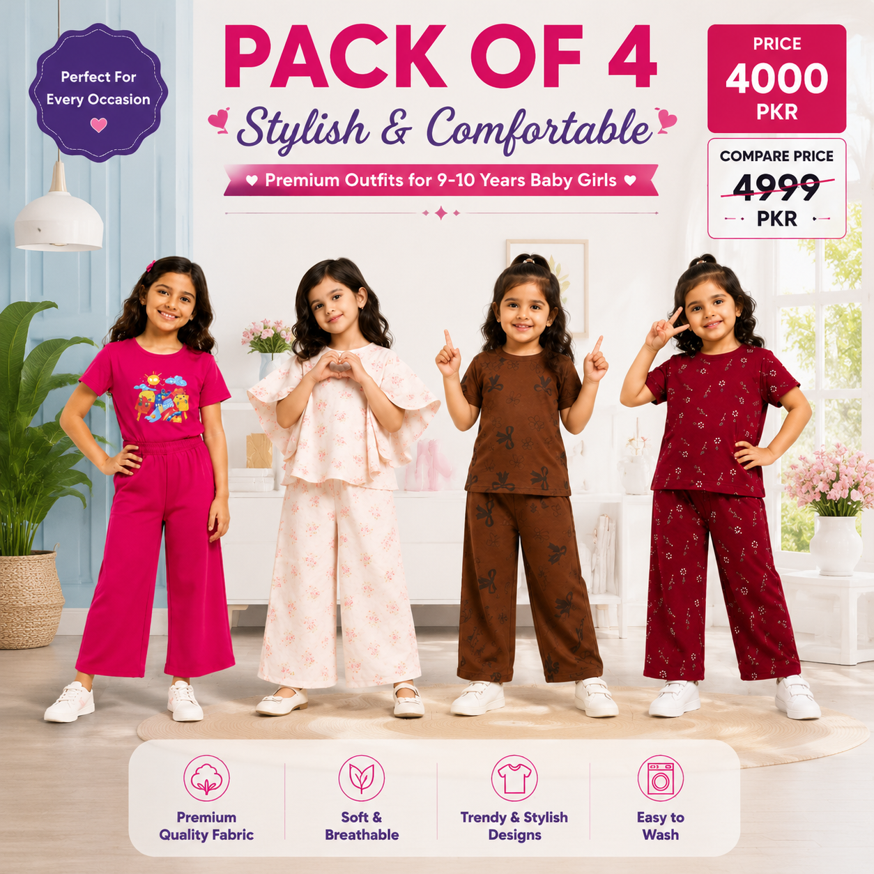 Premium Girls Summer Outfit Collection – Pack of 4 | Stylish & Comfortable Clothing Set (9–10 Years) (25)