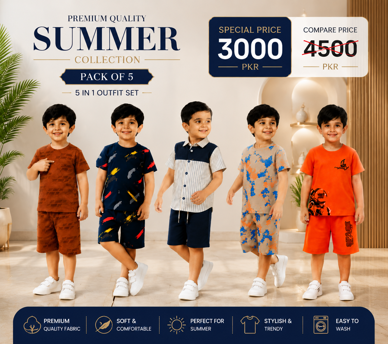 Premium Boys Summer Outfit Set | Pack of 5 Casual 5-in-1 Collection