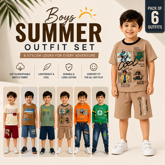 Boys Summer Outfit Set Pack of 6 | Premium Waffle Fabric | Soft & Breathable Kids Wear