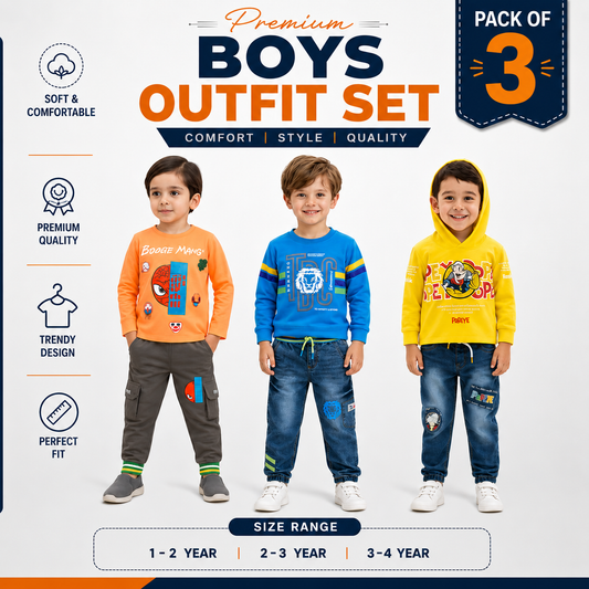 Boys Full Sleeve Outfit Set Pack of 3 | Premium Kids Clothing