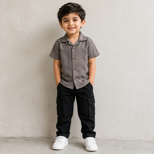 Boys Beige Cuban Collar Shirt & Black Cargo Trouser Set