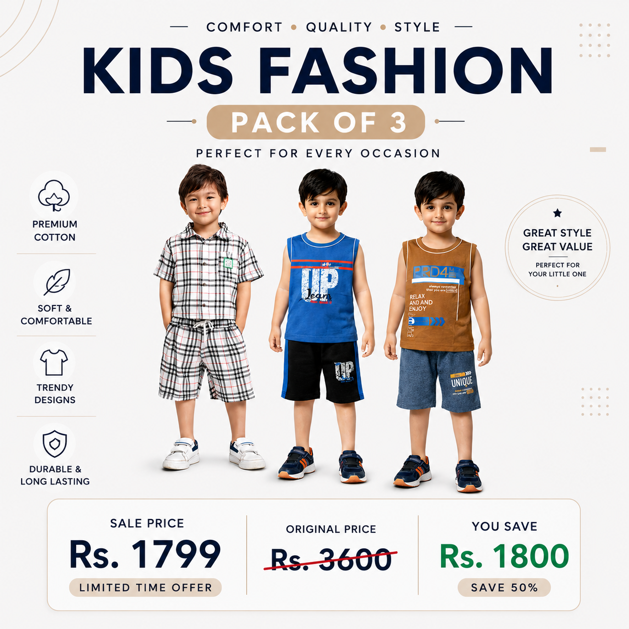 Kids Fashion Summer Outfit Pack of 3 – Premium Cotton Boys T-Shirt & Shorts Sets