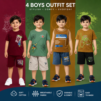 Kids Boys Summer Wear Combo Pack (4 Stylish Outfits)