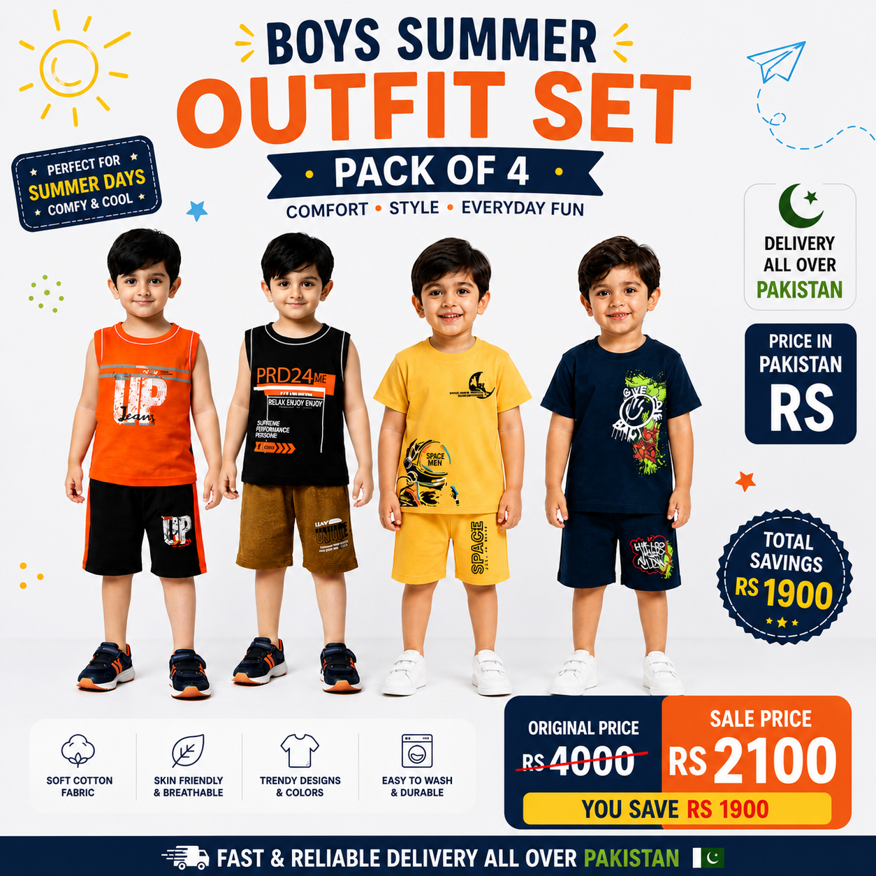 Boys Summer Outfit Set – Pack of 4 | Stylish & Comfortable Kids Wear (Vol 1)