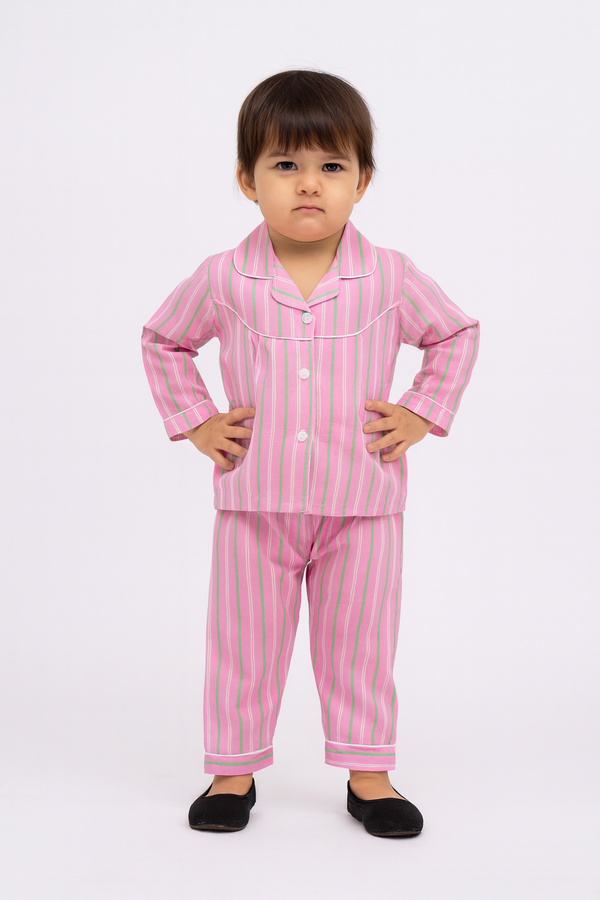 Pink Striped Cotton Night Suit for Baby Girls
