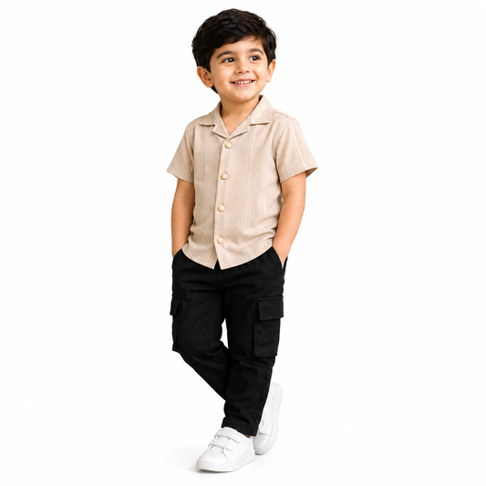 Boys Beige Cuban Collar Shirt & Black Cargo Trouser Set