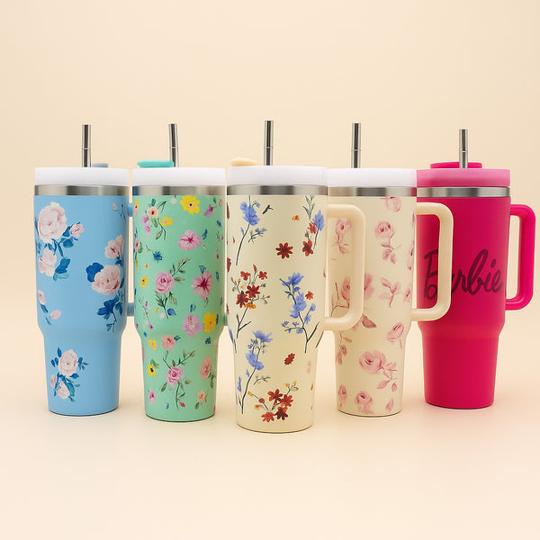 Floral Collection Premium Stainless Steel Tumbler – 40oz (With Handle & Metal Straw)