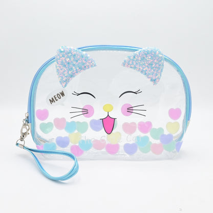 Cute Transparent Cat Pouch – Glitter Ears & Heart Design
