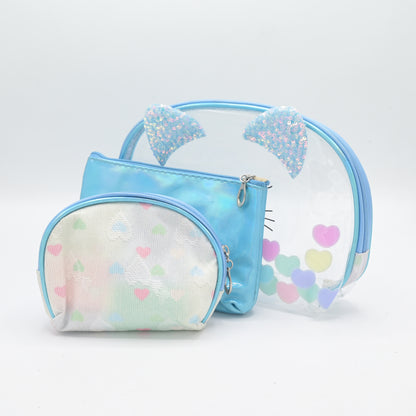 Cute Transparent Cat Pouch – Glitter Ears & Heart Design