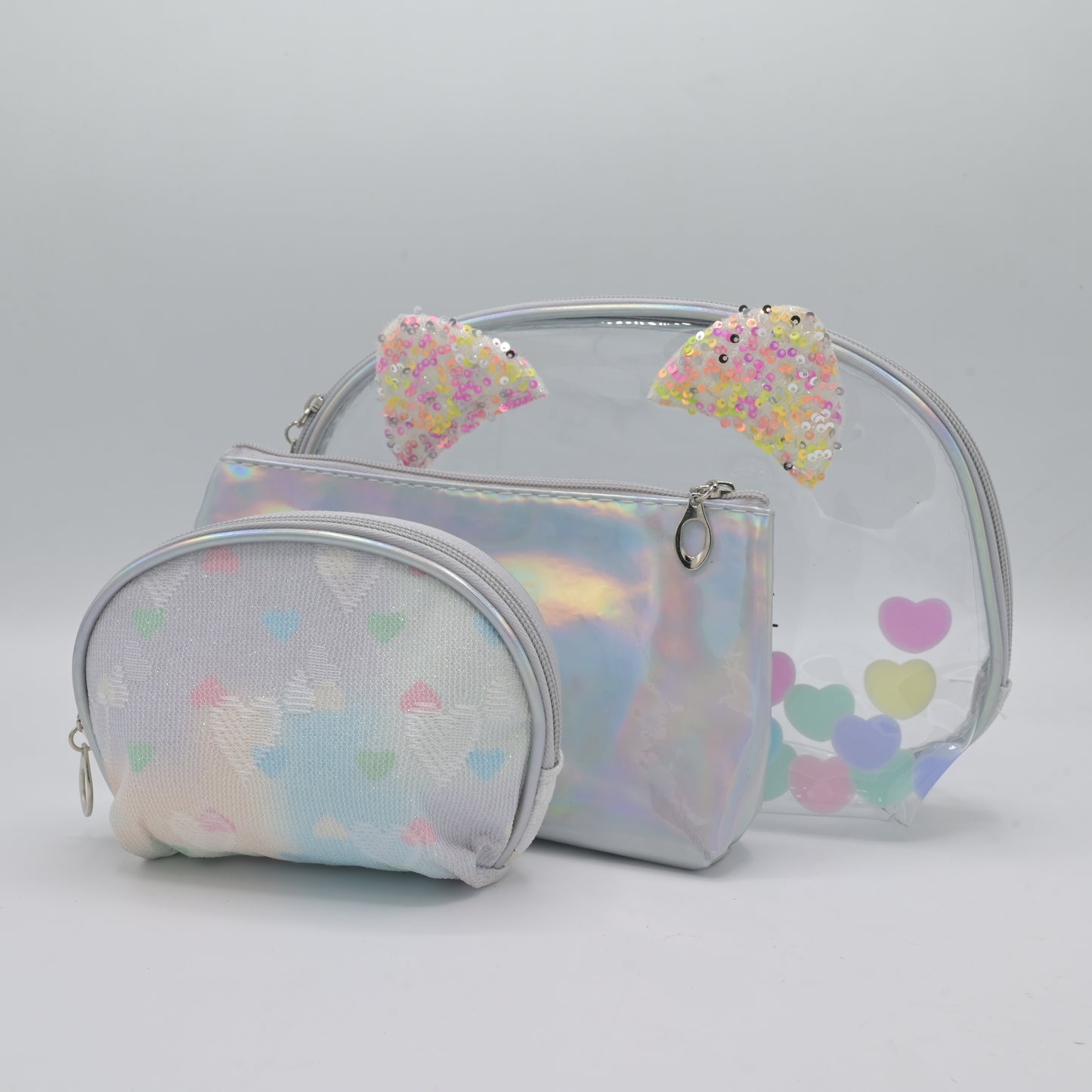 Cute Transparent Cat Pouch – Glitter Ears & Heart Design