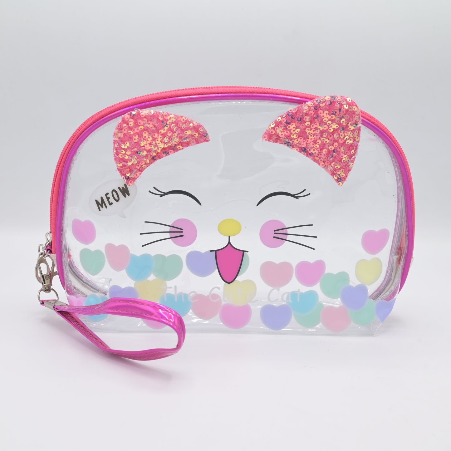 Cute Transparent Cat Pouch – Glitter Ears & Heart Design