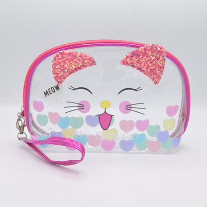 Cute Transparent Cat Pouch – Glitter Ears & Heart Design