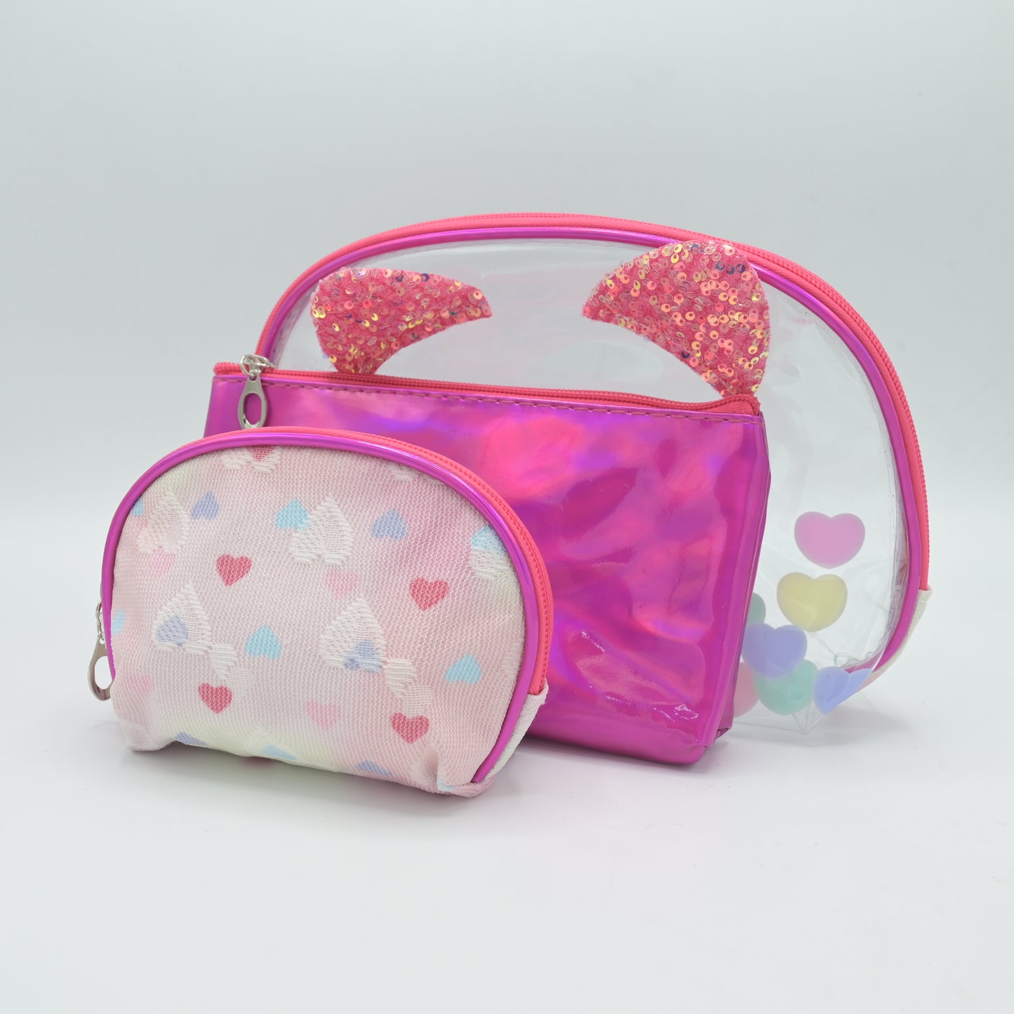 Cute Transparent Cat Pouch – Glitter Ears & Heart Design