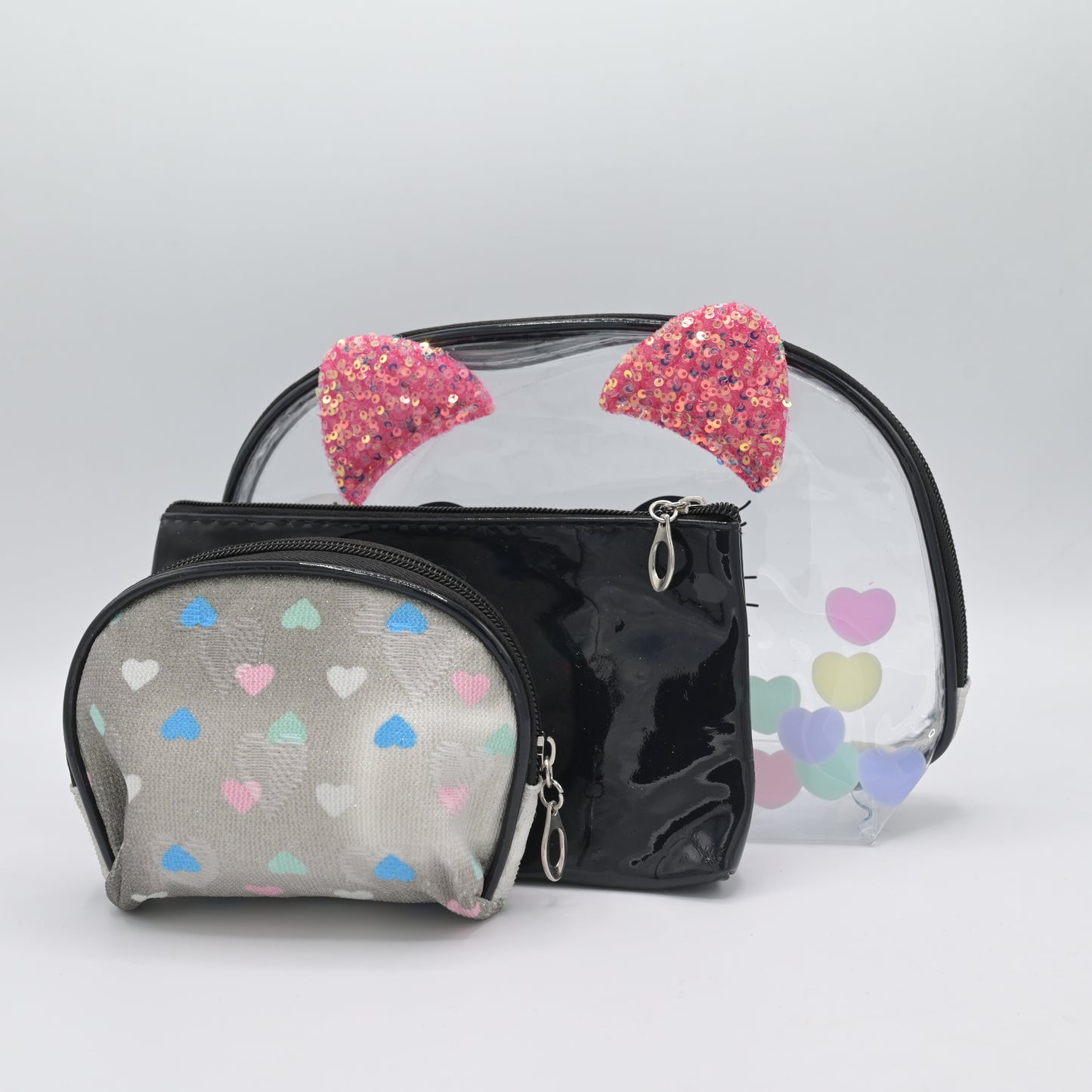 Cute Transparent Cat Pouch – Glitter Ears & Heart Design