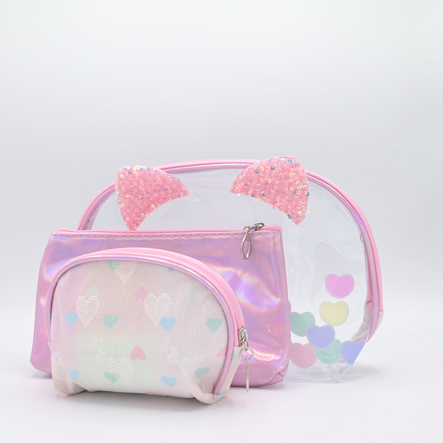 Cute Transparent Cat Pouch – Glitter Ears & Heart Design