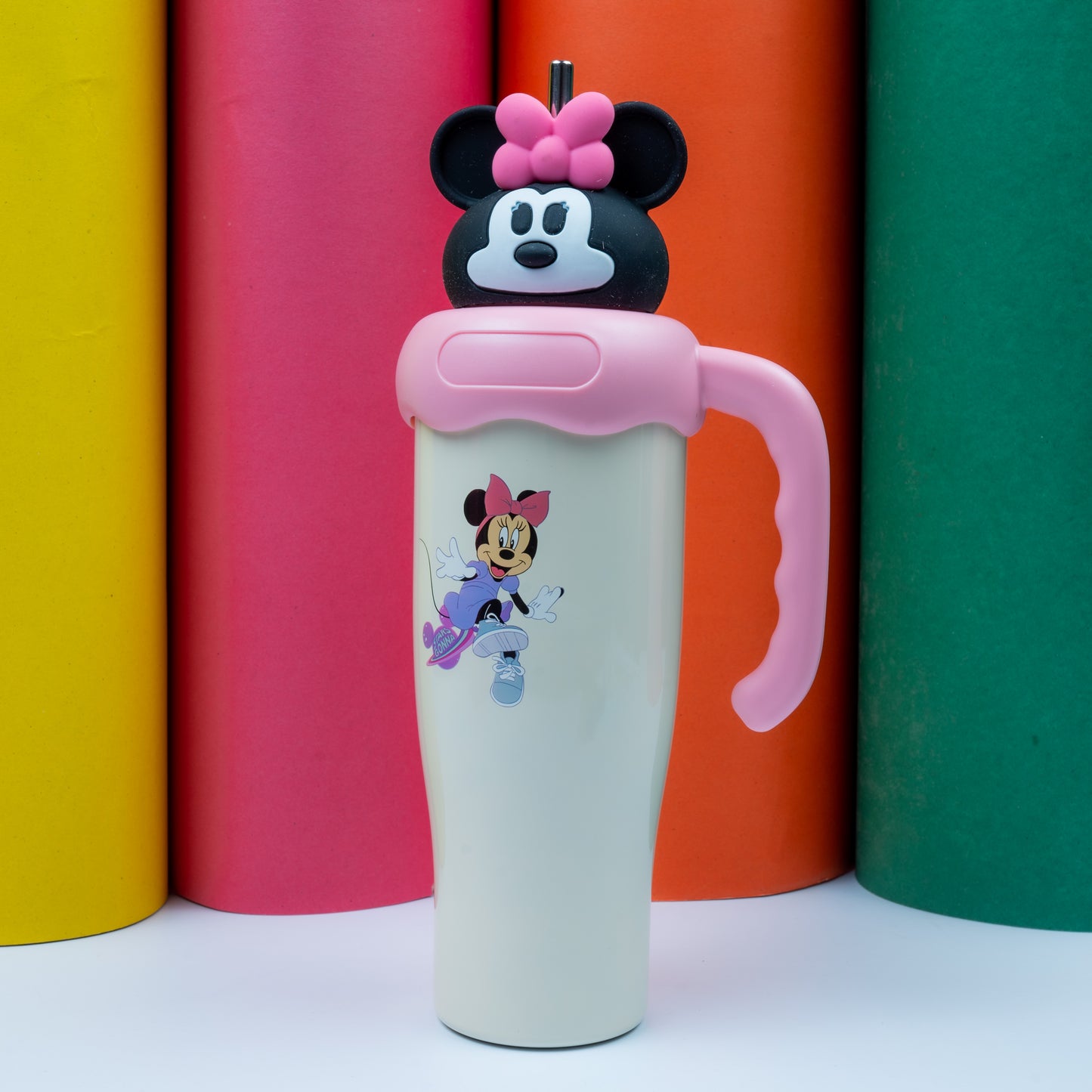 Minnie Mouse Off-White Tumbler with Pink Handle & 3D Lid – Cute Kids Drinkware