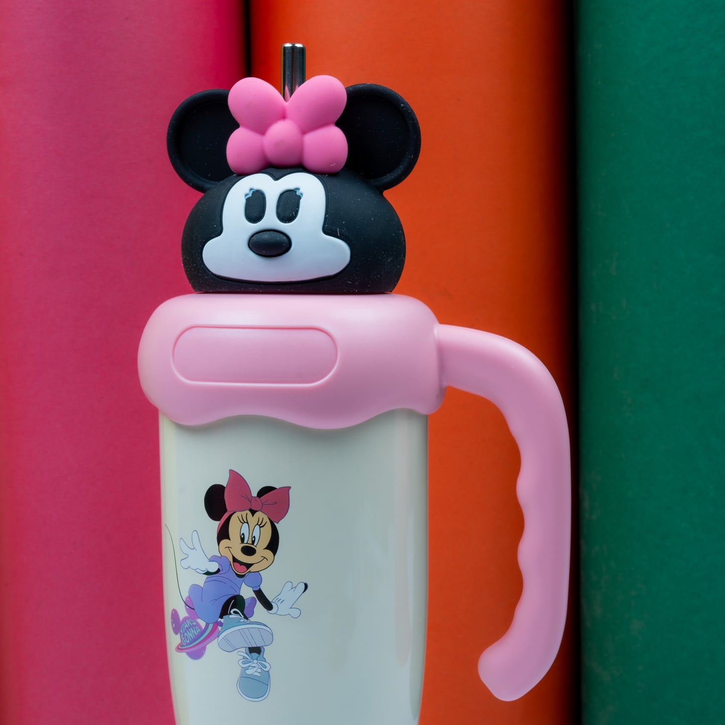 Minnie Mouse Off-White Tumbler with Pink Handle & 3D Lid – Cute Kids Drinkware