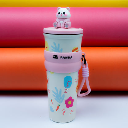Cute Panda Printed Tumbler with Straw & Strap – Kids Drinking Cup (Pink Edition)
