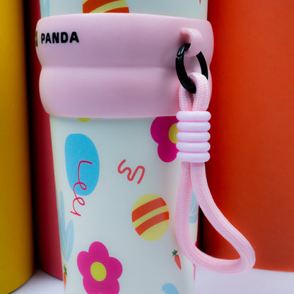 Cute Panda Printed Tumbler with Straw & Strap – Kids Drinking Cup (Pink Edition)