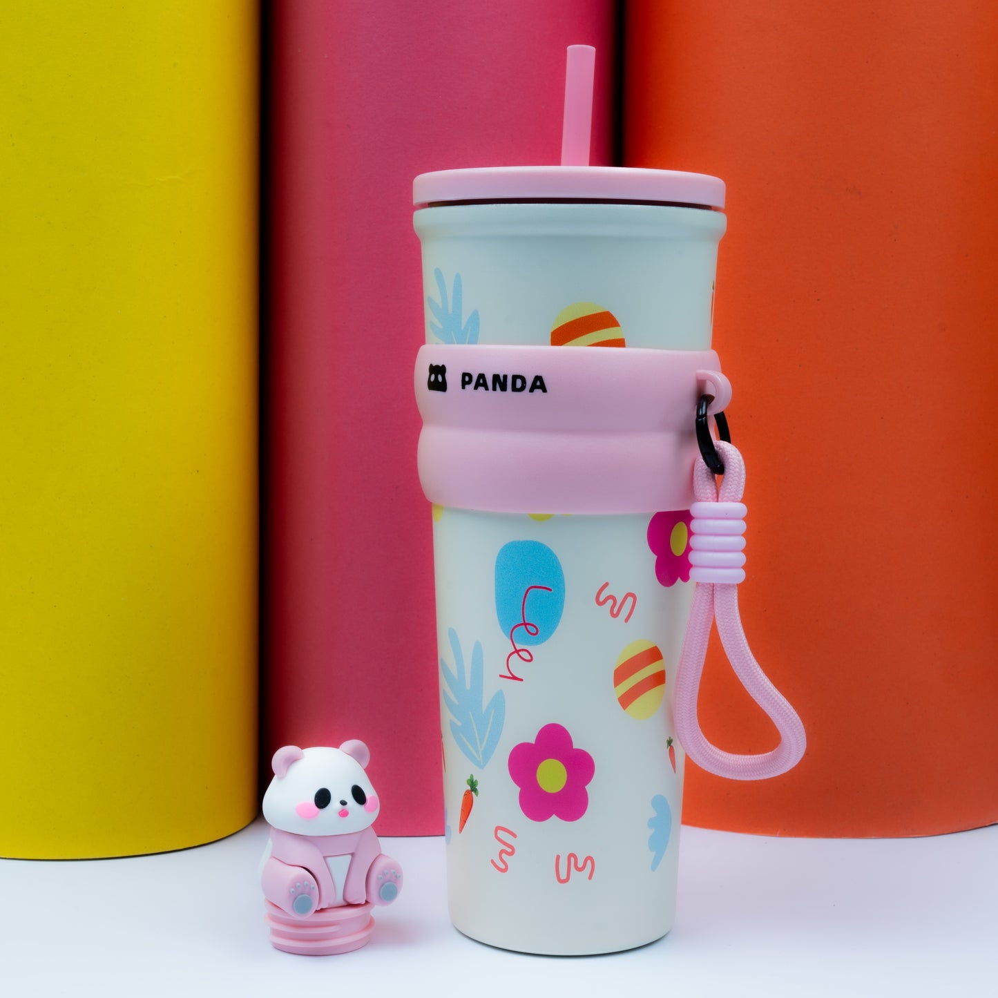 Cute Panda Printed Tumbler with Straw & Strap – Kids Drinking Cup (Pink Edition)