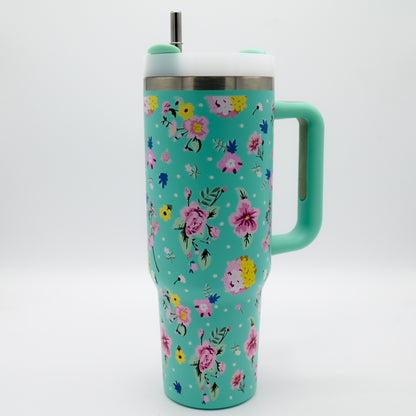 Floral Collection Premium Stainless Steel Tumbler – 40oz (With Handle & Metal Straw)