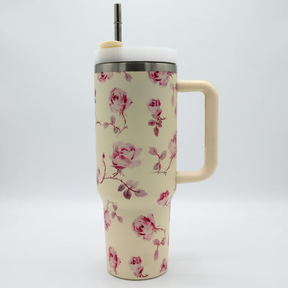 Floral Collection Premium Stainless Steel Tumbler – 40oz (With Handle & Metal Straw)