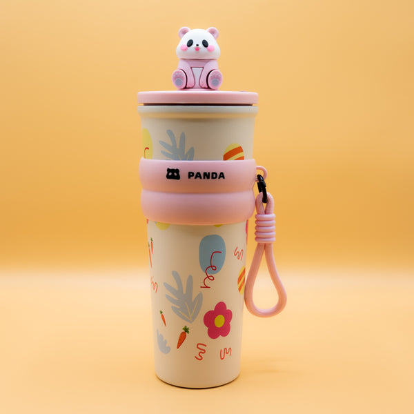 Cute Panda Printed Tumbler with Straw & Strap – Kids Drinking Cup (Pink Edition)