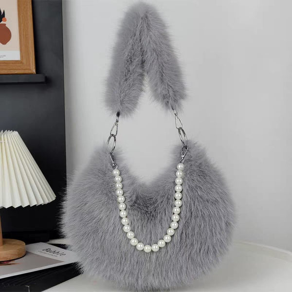 Faux Fur Shoulder Bag with Pearl Chain