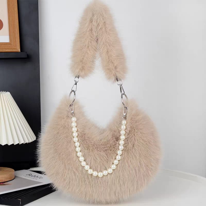 Faux Fur Shoulder Bag with Pearl Chain