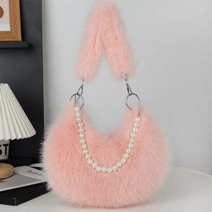 Faux Fur Shoulder Bag with Pearl Chain