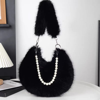 Faux Fur Shoulder Bag with Pearl Chain