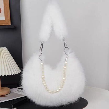 Faux Fur Shoulder Bag with Pearl Chain