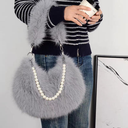 Faux Fur Shoulder Bag with Pearl Chain