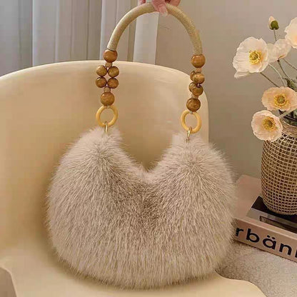 Faux Fur Shoulder Bag with Wooden Bead Handle