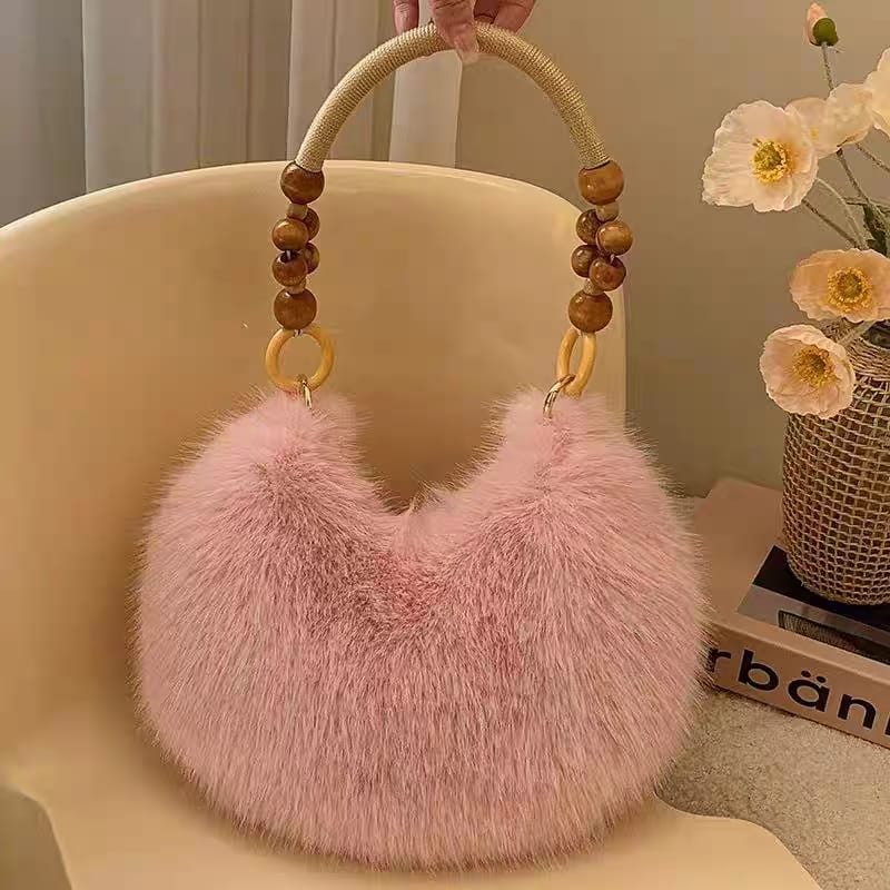 Faux Fur Shoulder Bag with Wooden Bead Handle