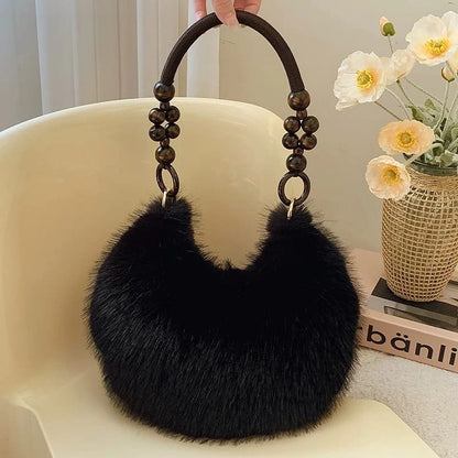 Faux Fur Shoulder Bag with Wooden Bead Handle