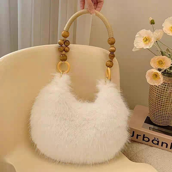 Faux Fur Shoulder Bag with Wooden Bead Handle