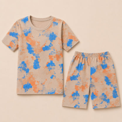 Boys Tie-Dye Summer Co-Ord Set – Beige & Blue (EB-294)