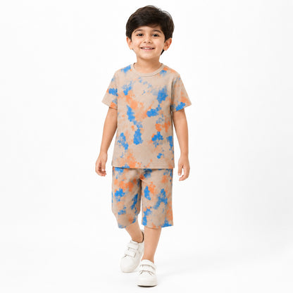 Boys Tie-Dye Summer Co-Ord Set – Beige & Blue (EB-294)