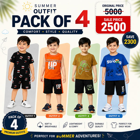 Pack of 4 Boys Summer Cotton T-Shirt & Shorts Set (EB 607)