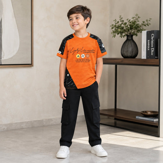 Boys Premium Graphic T-Shirt with Black Cargo Trouser Set (EB 608)