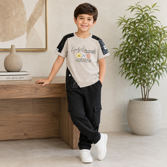 Boys Premium Graphic T-Shirt with Black Cargo Trouser Set (EB 608)