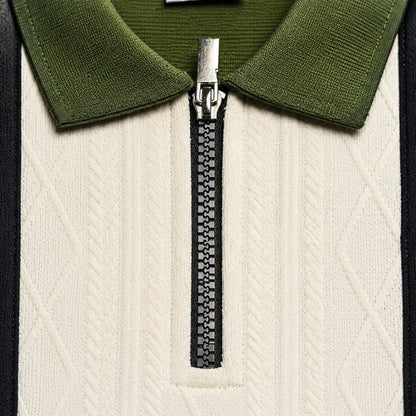 Boys' Modern Color-Block Zipper Polo – Olive, Black & Cream-OLD MONEY (China imported)