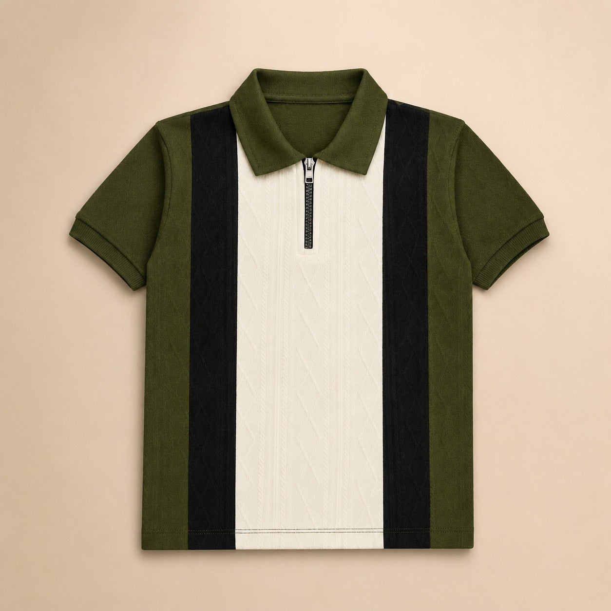 Boys' Modern Color-Block Zipper Polo – Olive, Black & Cream-OLD MONEY (China imported)