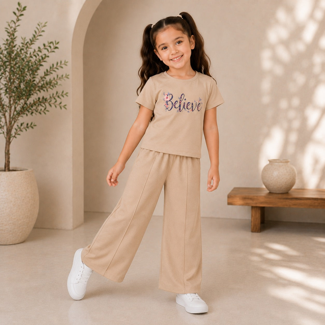 Cute Believe Graphic T-Shirt & Wide Leg Pants Set for Girls