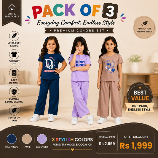 Premium Girls Co-Ord Set 3 Piece Pack – Stylish Cotton Casual Wear Outfit for Kids