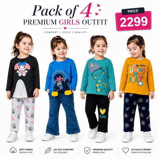 Girls Premium Pack of 4 Full Sleeve Outfit Sets | Stylish Kids Fashion Collection