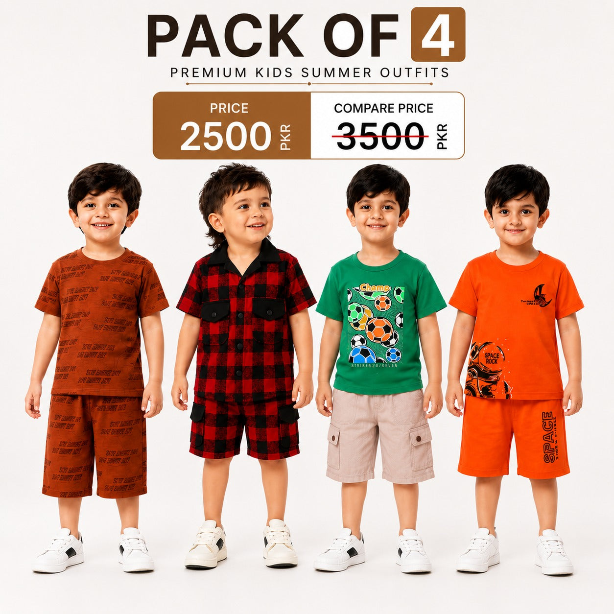 Boys Premium Summer Outfit Pack of 4 | Stylish T-Shirt & Shorts Sets | Comfortable Kids Casual Wear Collection(16)