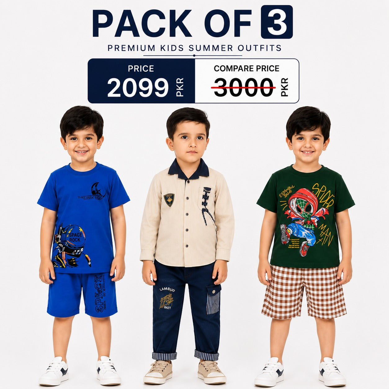 Boys Premium Summer Outfit Pack of 3 | Stylish T-Shirt, Shirt & Shorts Sets | Comfortable Kids Casual Wear Collection(17)